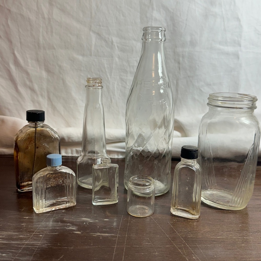 Vintage Glass Bottle Lot Pepsi Soda Apothecary Jars Mini Vials Clear GOOD 8pc